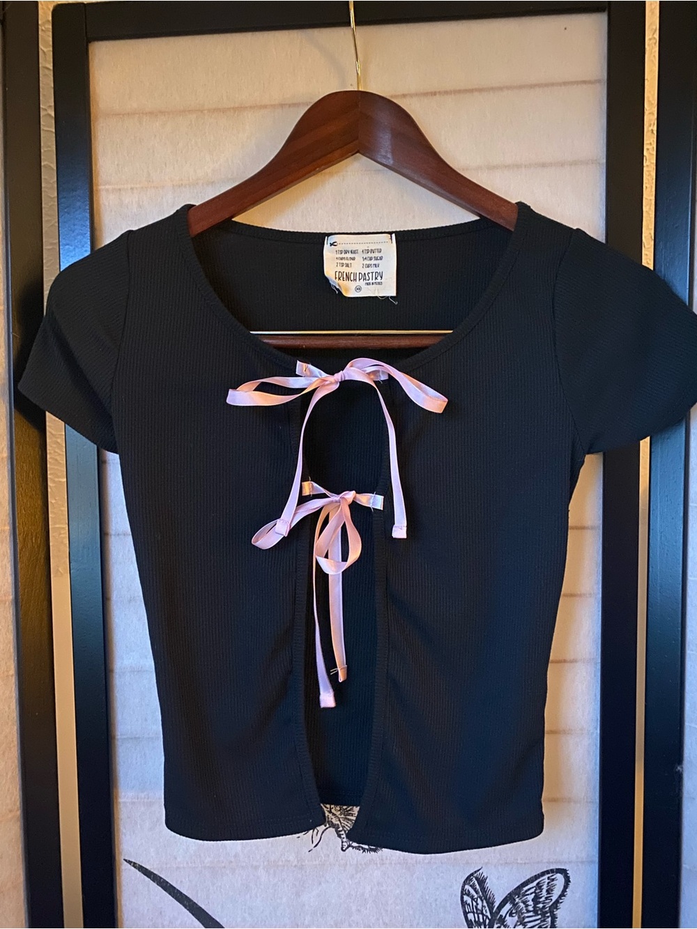 french pastry Black Ribbed Crop Top with Pink Ribbon Ties